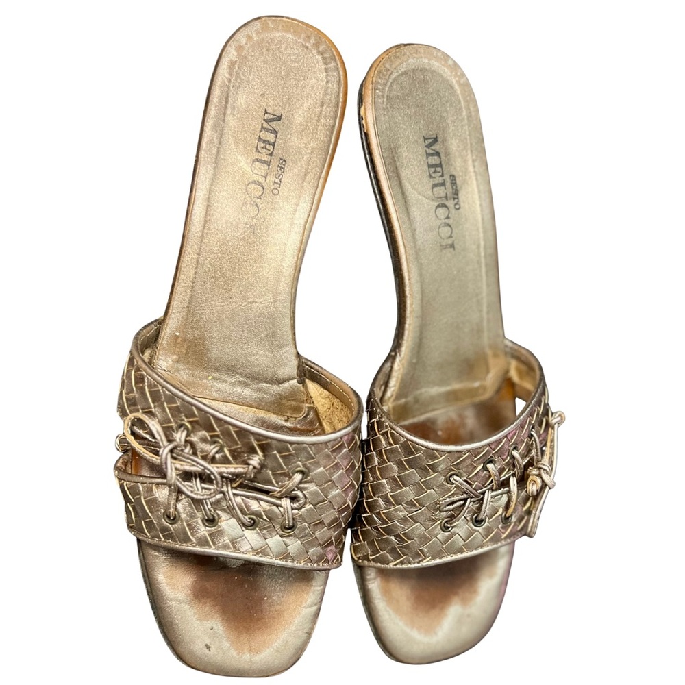 Sesto Meucci Varien Pewter Nappa Leather Woven Slide Sandals Kitten Heel